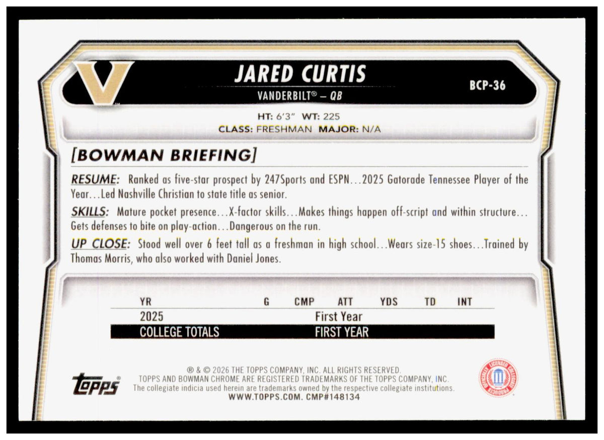 2026 Bowman Jared Curtis Card Chrome Prospects Vanderbilt Commodores