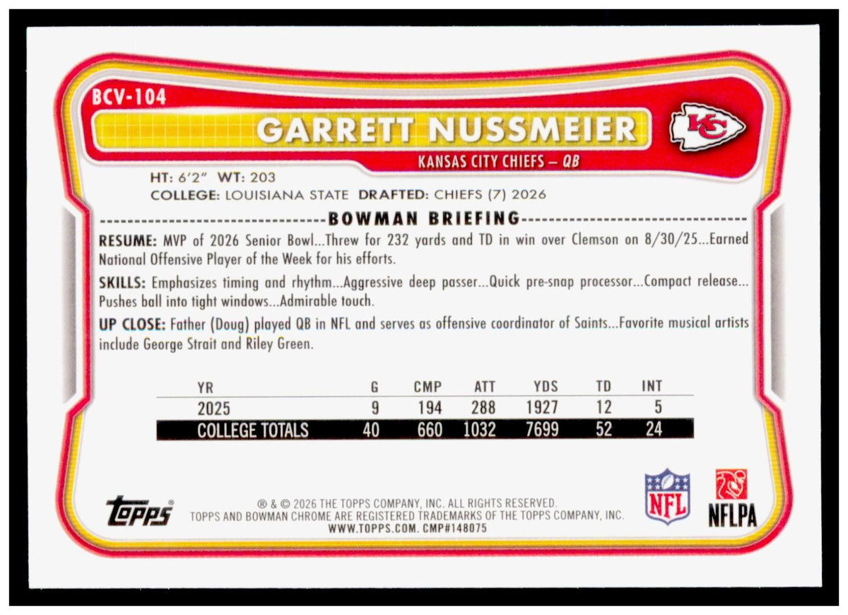 2026 Bowman Garrett Nussmeier Card Chrome Kansas City Chiefs