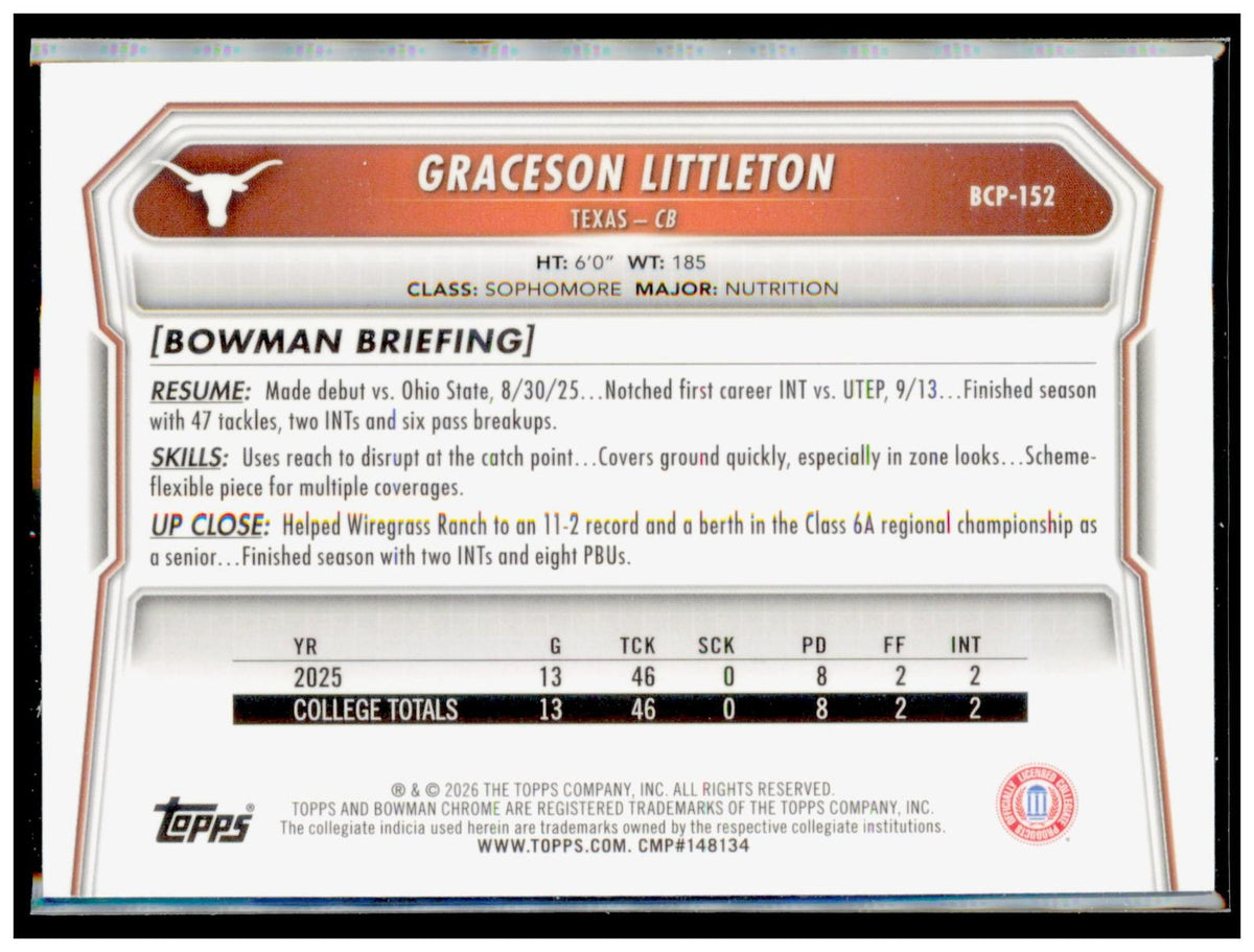 2026 Bowman Graceson Littleton Card Chrome Prospects Texas Longhorns