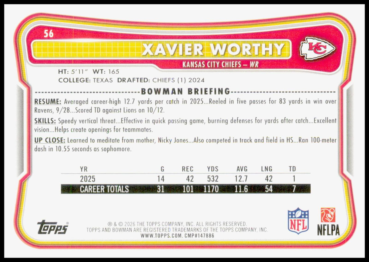 2026 Bowman Xavier Worthy Card Kansas City Chiefs