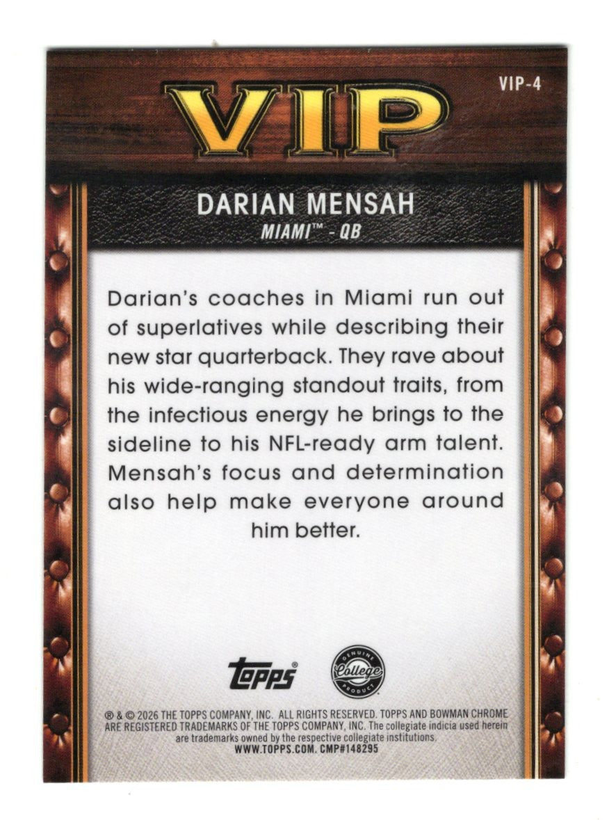 2026 Bowman Darian Mensah Card Very Important Prospects Miami Hurricanes