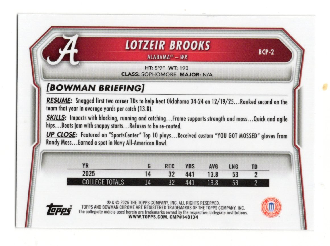 2026 Bowman Lotzeir Brooks Card Prospects Aqua SN Alabama Crimson Tide