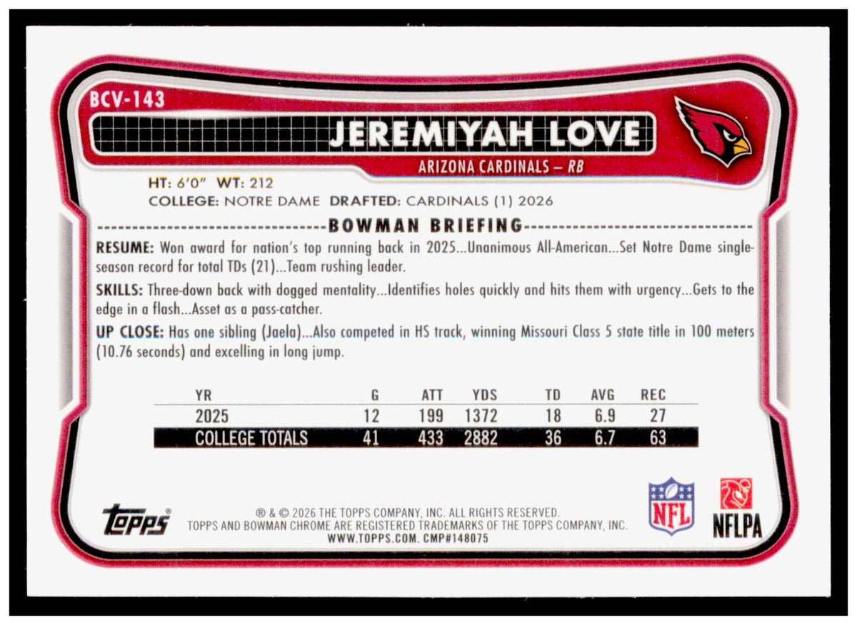 2026 Bowman Jeremiyah Love Card Chrome Arizona Cardinals
