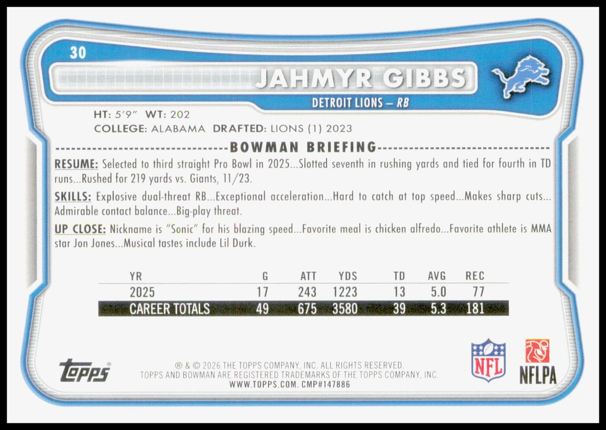 2026 Bowman Jahmyr Gibbs Card Detroit Lions