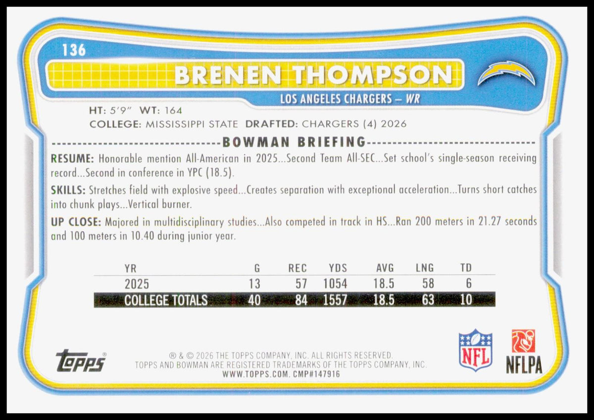 2026 Bowman Brenen Thompson Card RC Los Angeles Chargers