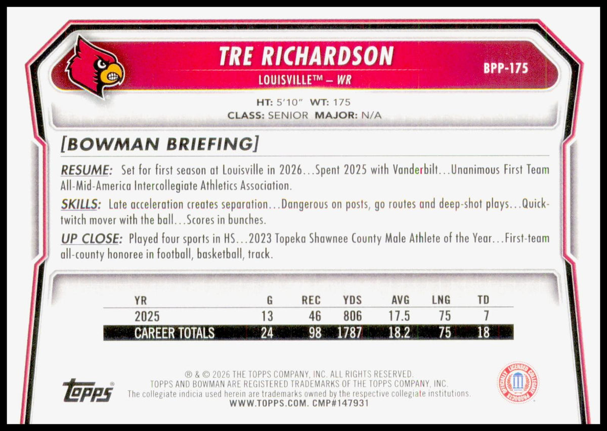 2026 Bowman Tre Richardson Card Prospects Louisville Cardinals