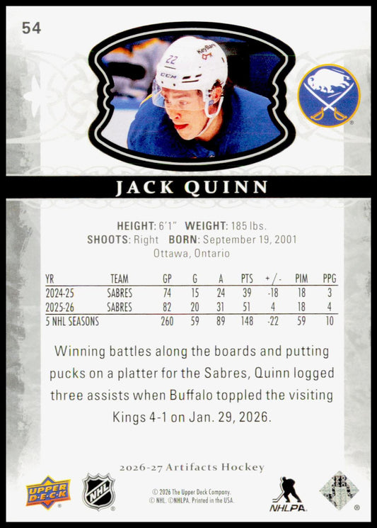 2026-27 Upper Deck Artifacts Jack Quinn Card Buffalo Sabres