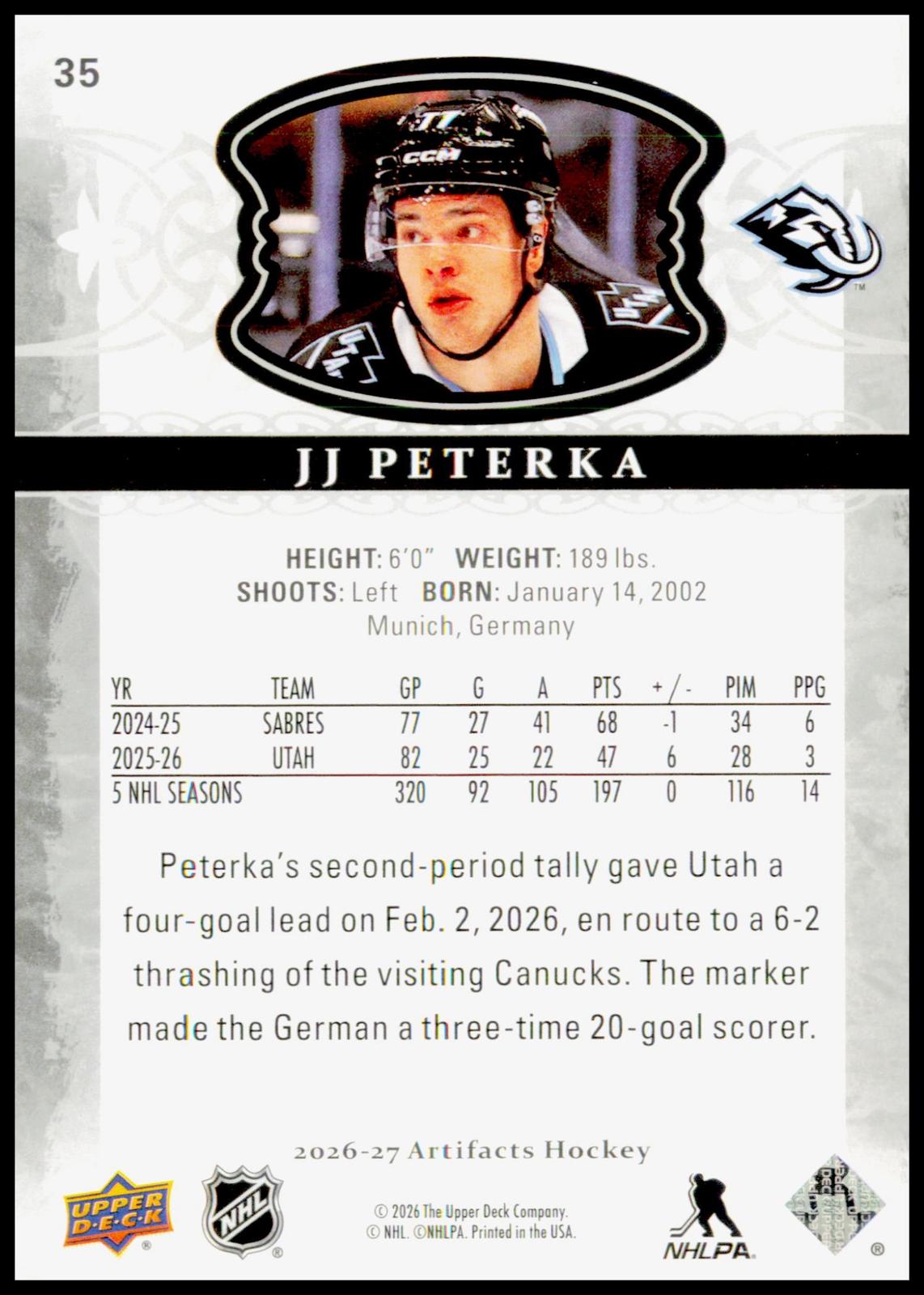 2026-27 Upper Deck Artifacts JJ Peterka Card Utah Mammoth