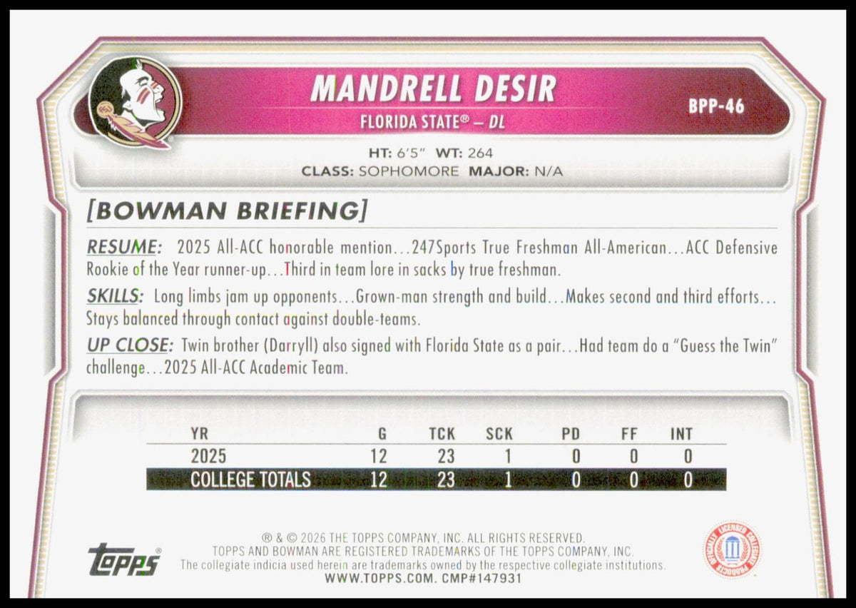 2026 Bowman Mandrell Desir Card Prospects Florida State Seminoles