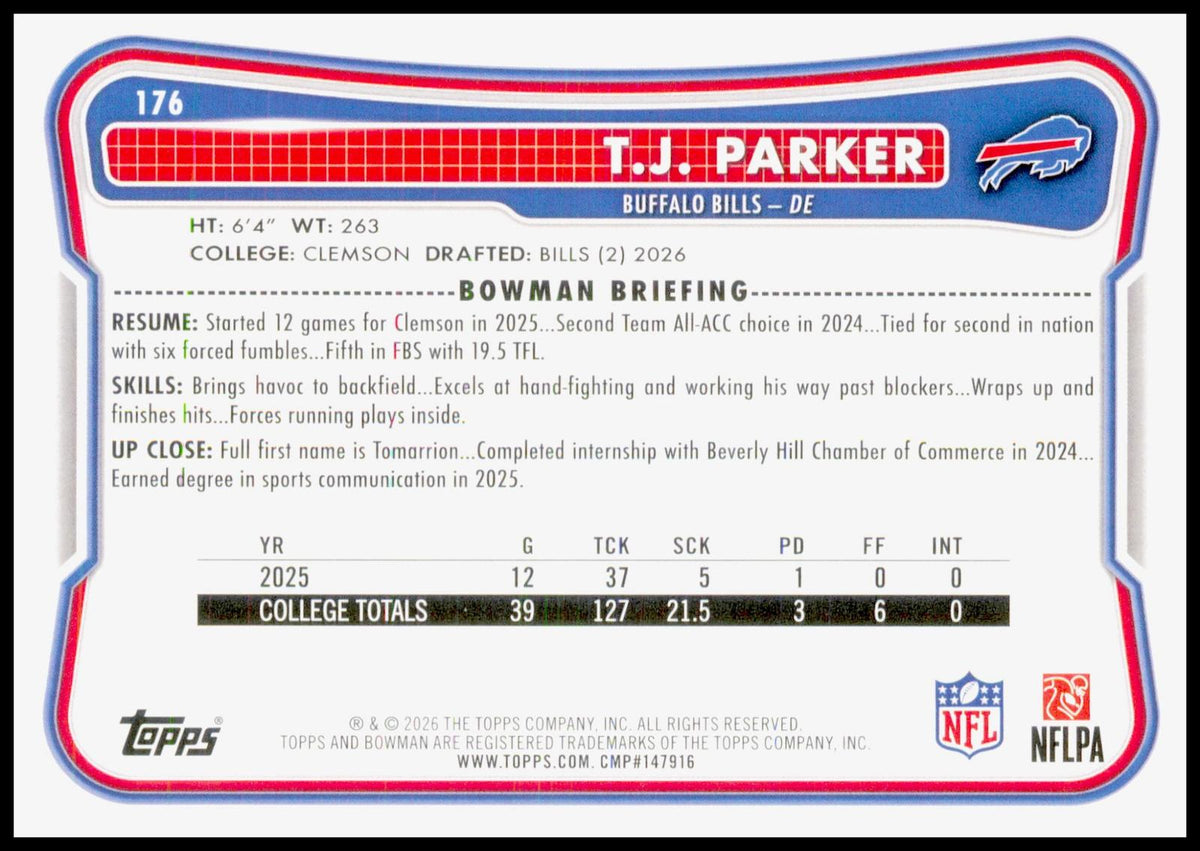 2026 Bowman T.J. Parker Card RC Buffalo Bills