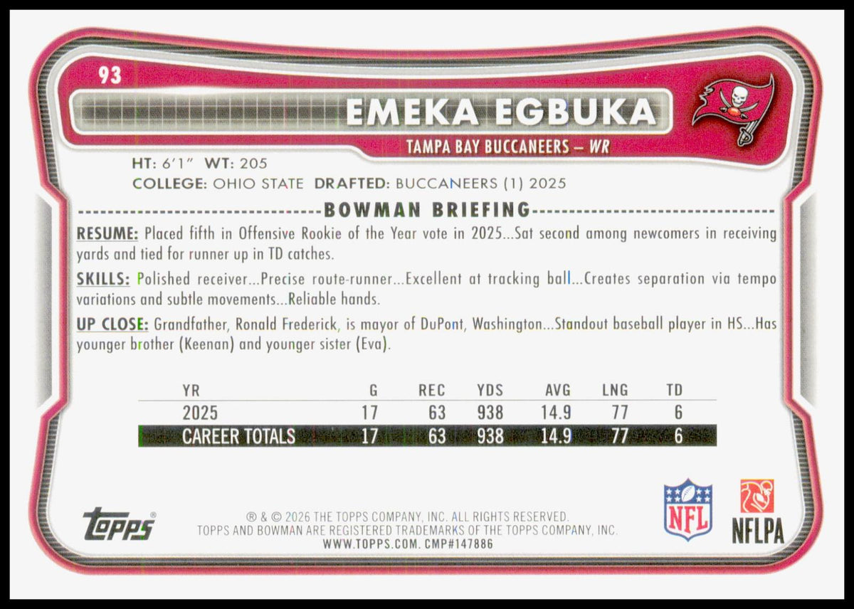 2026 Bowman Emeka Egbuka Card Tampa Bay Buccaneers