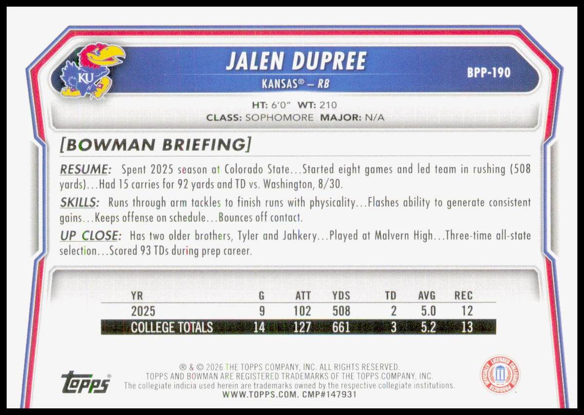 2026 Bowman Jalen Dupree Card Prospects Kansas Jayhawks