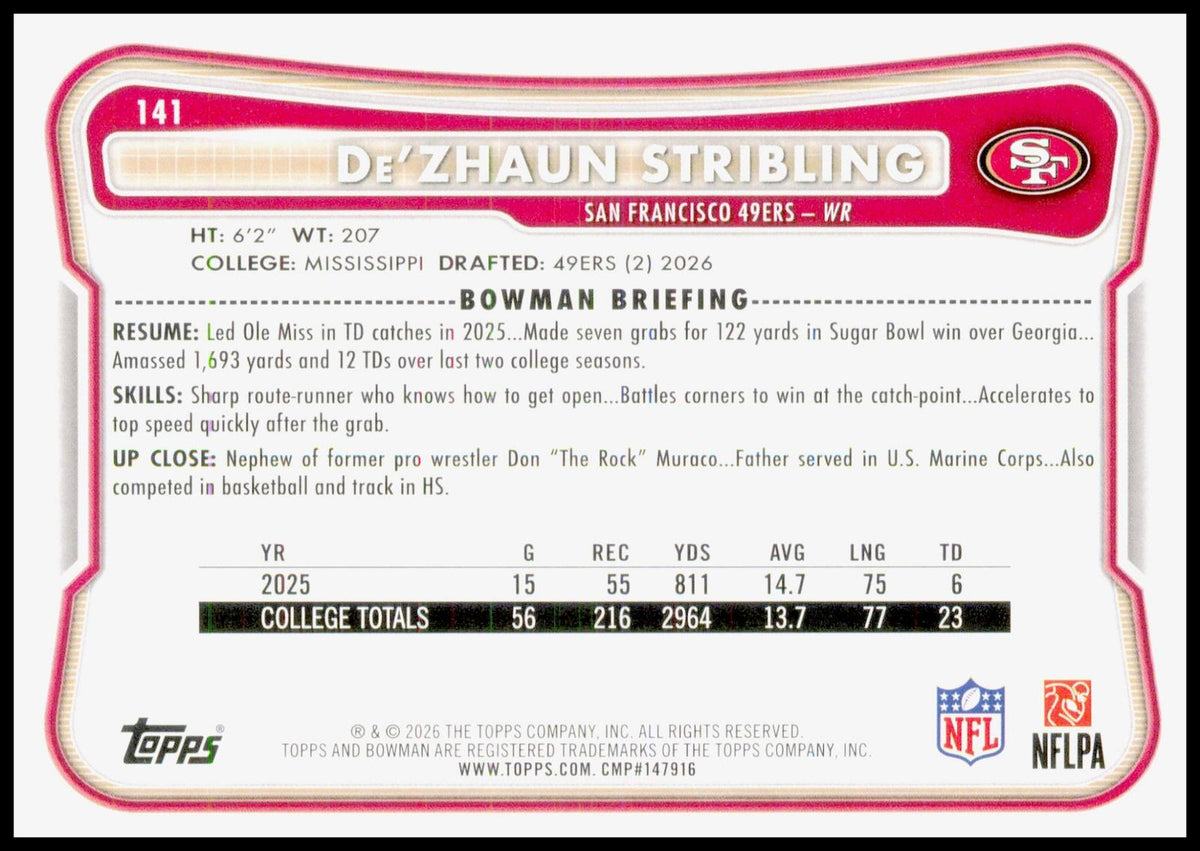 2026 Bowman De'Zhaun Stribling Card RC San Francisco 49ers