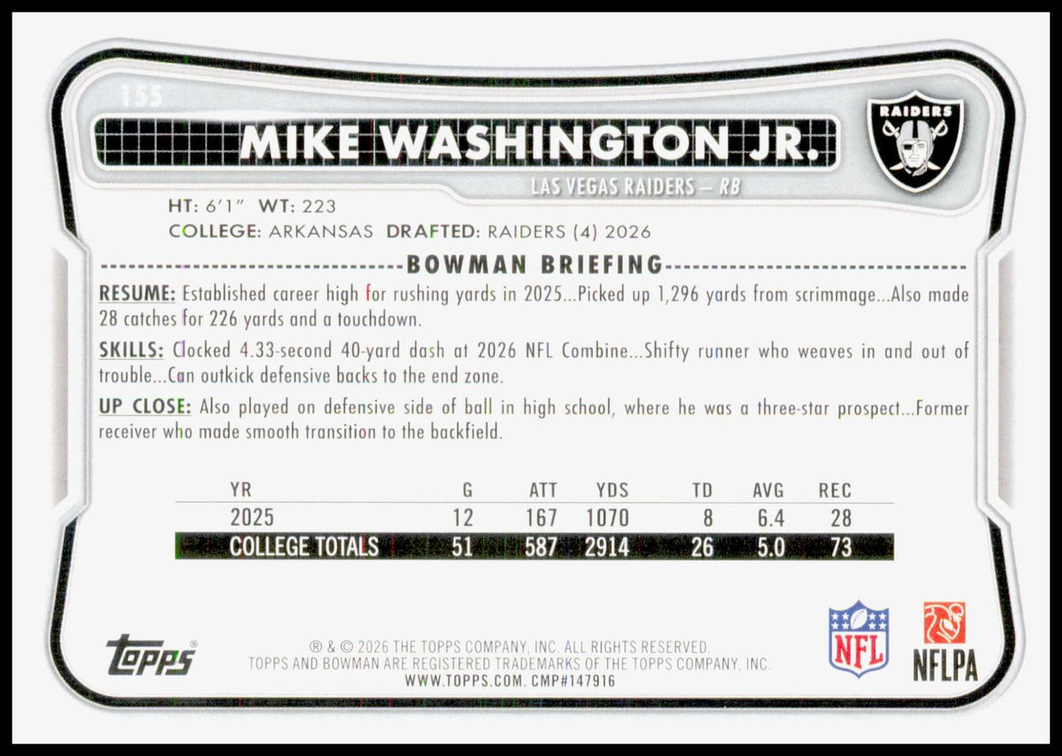 2026 Bowman Mike Washington Jr. Card RC Las Vegas Raiders
