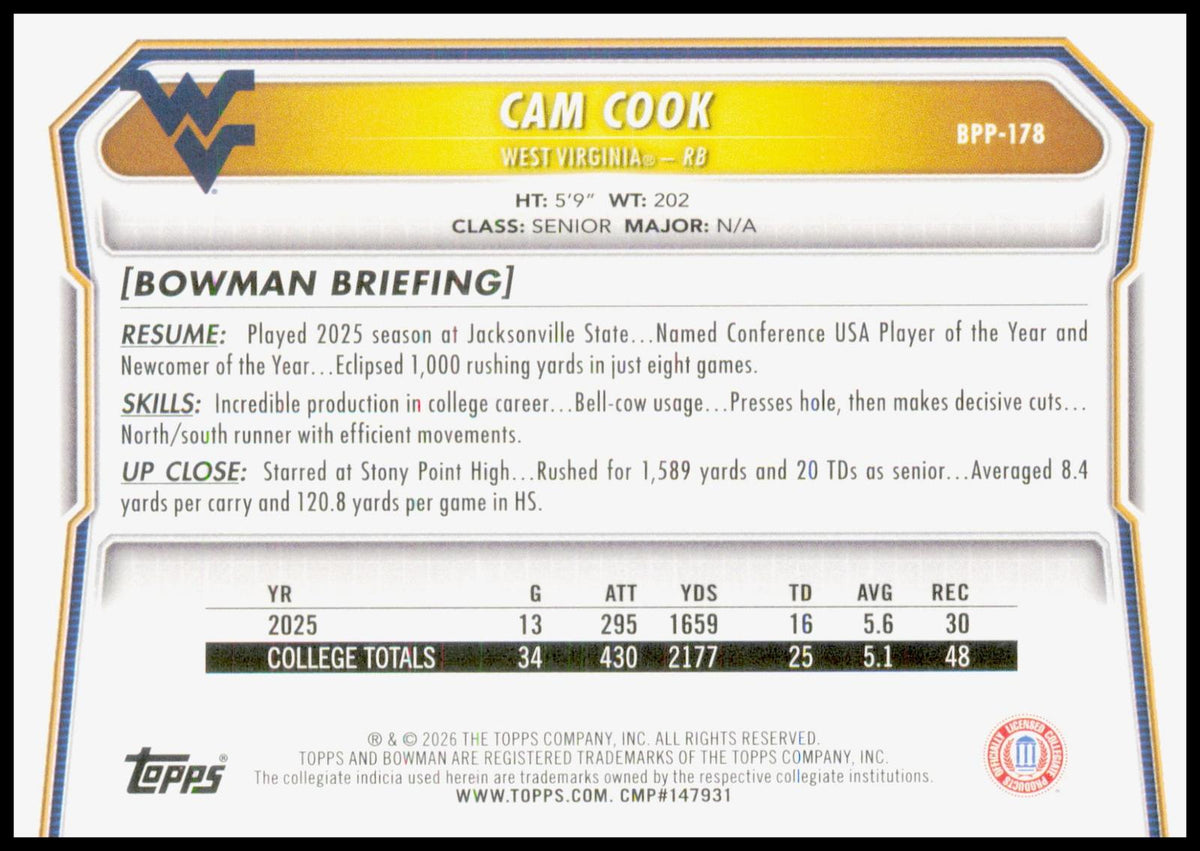 2026 Bowman Cam Cook Card Prospects West Virginia Mountaineers