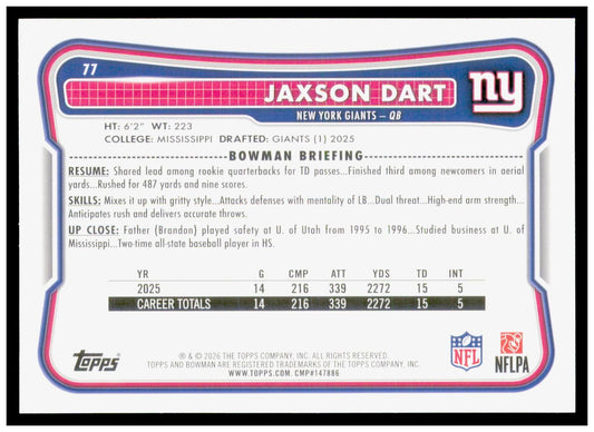 2026 Bowman Jaxson Dart Card New York Giants
