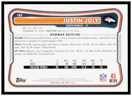 2026 Bowman Justin Joly Card RC Denver Broncos