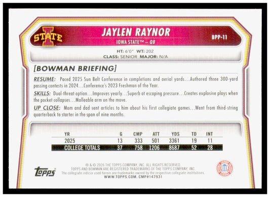2026 Bowman Jaylen Raynor Card Prospects Iowa State Cyclones
