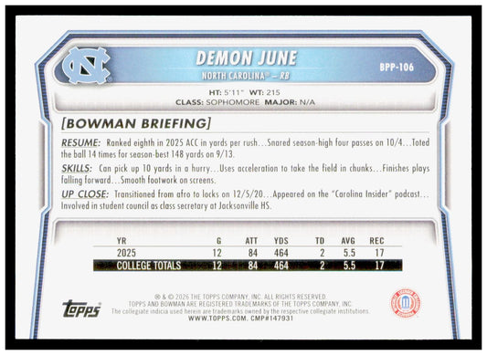2026 Bowman Demon June Card Prospects North Carolina Tar Heels