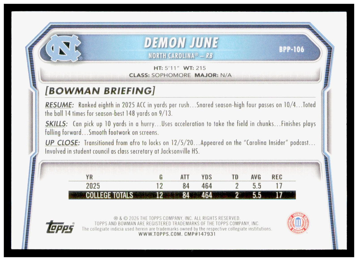 2026 Bowman Demon June Card Prospects North Carolina Tar Heels