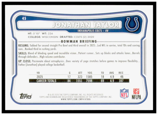 2026 Bowman Jonathan Taylor Card Indianapolis Colts