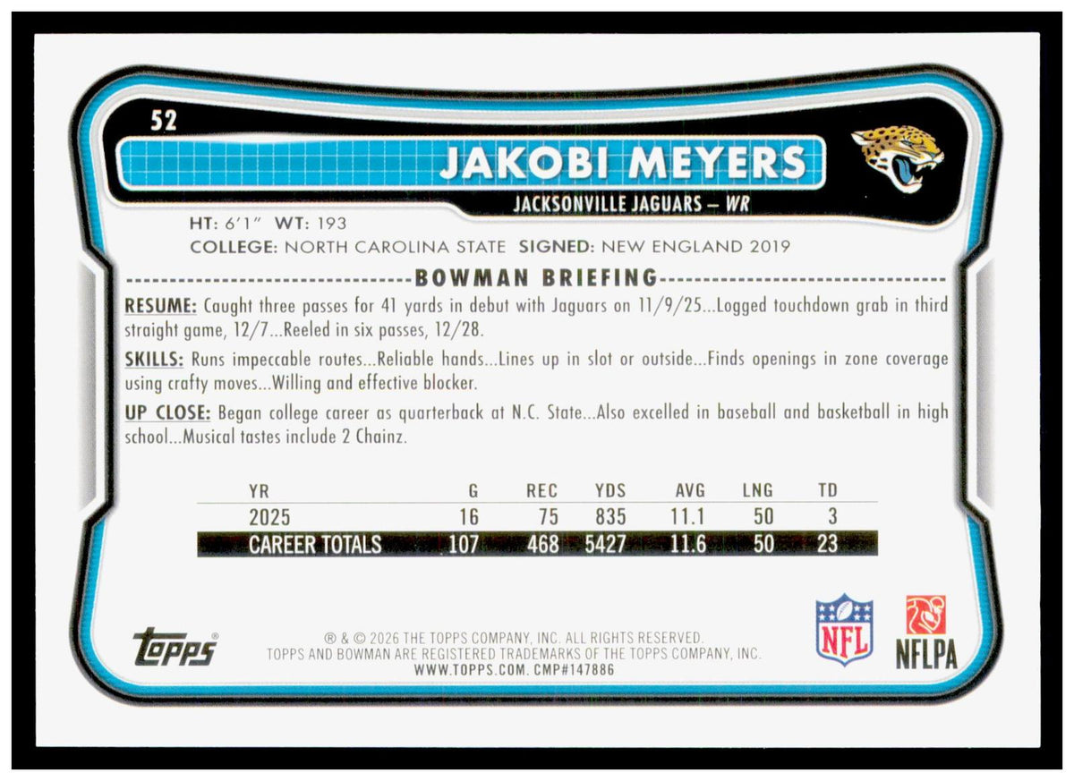 2026 Bowman Jakobi Meyers Card Jacksonville Jaguars