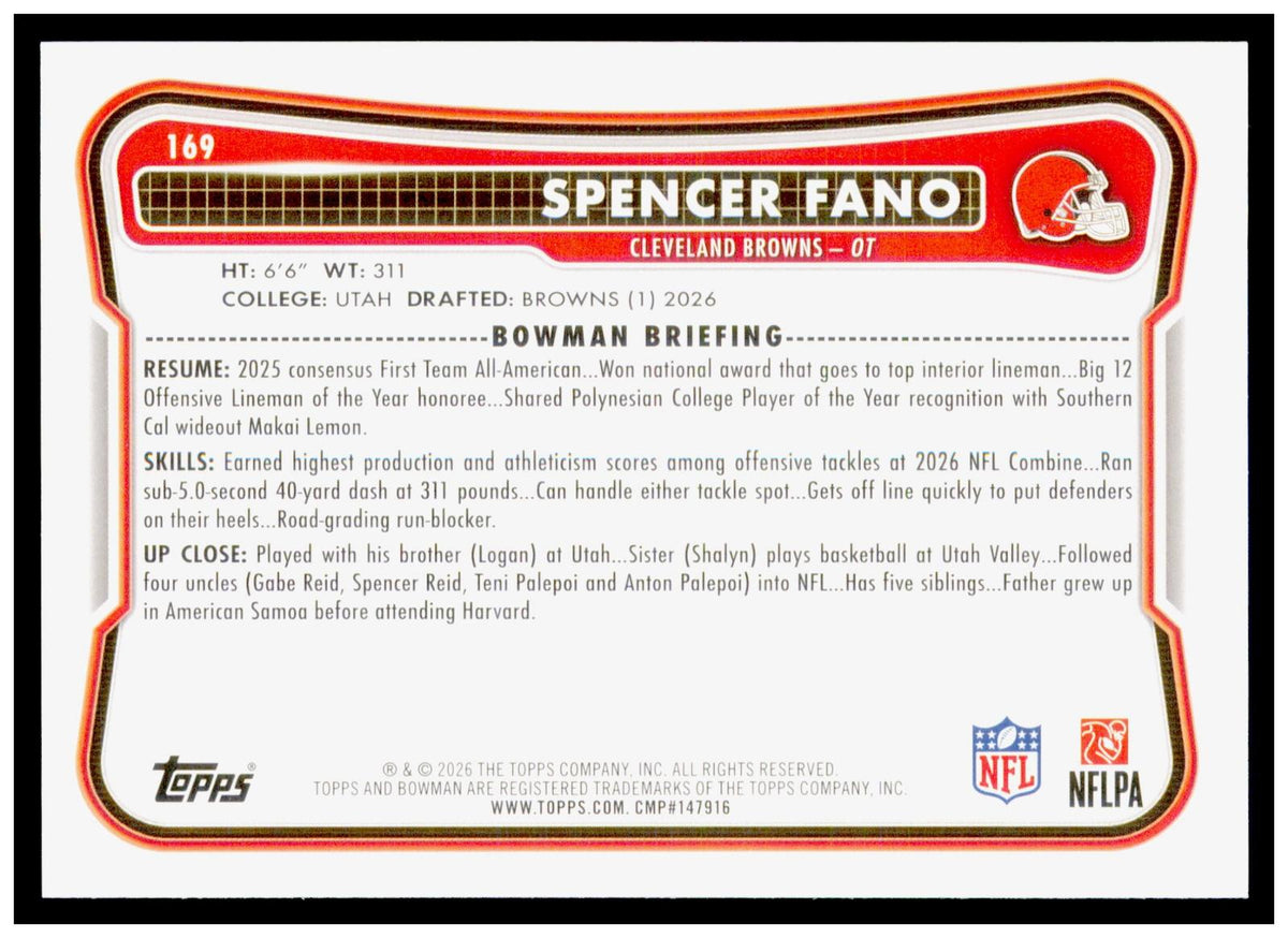 2026 Bowman Spencer Fano Card RC Cleveland Browns