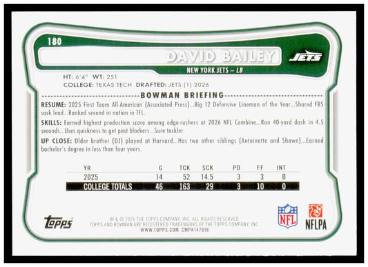 2026 Bowman David Bailey Card RC New York Jets