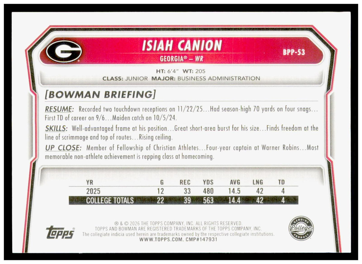 2026 Bowman Isiah Canion Card Prospects Georgia Bulldogs