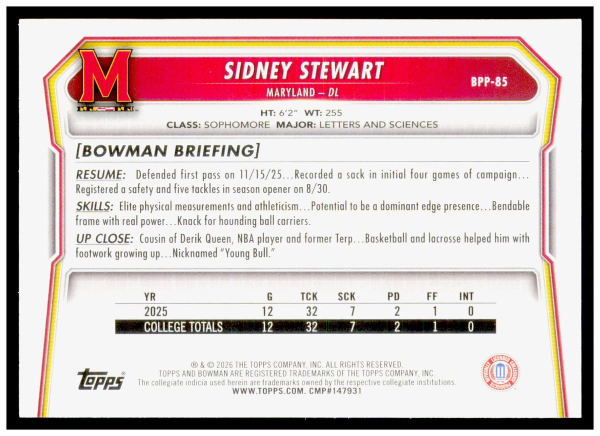 2026 Bowman Sidney Stewart Card Prospects Maryland Terrapins