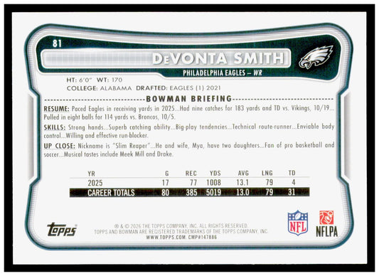 2026 Bowman DeVonta Smith Card Philadelphia Eagles