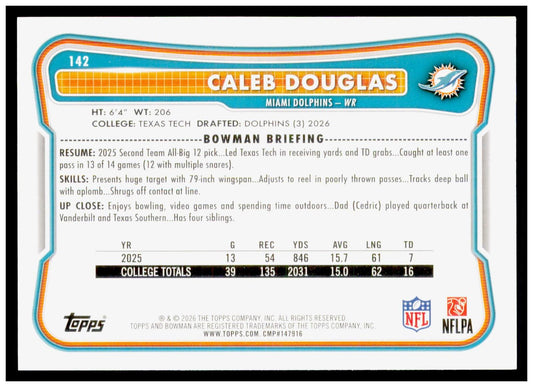 2026 Bowman Caleb Douglas Card RC Miami Dolphins