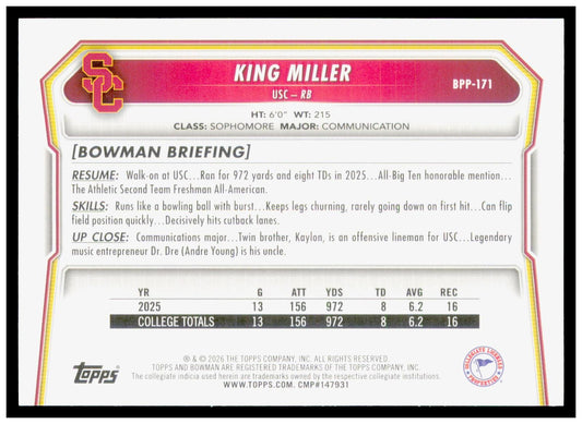 2026 Bowman King Miller Card Prospects USC Trojans