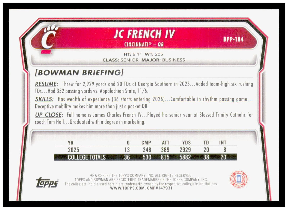 2026 Bowman JC French IV Card Prospects Cincinnati Bearcats
