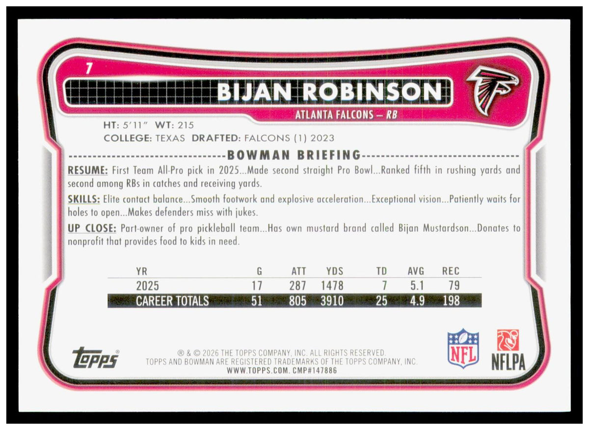 2026 Bowman Bijan Robinson Card Atlanta Falcons
