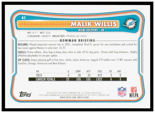 2026 Bowman Malik Willis Card Miami Dolphins