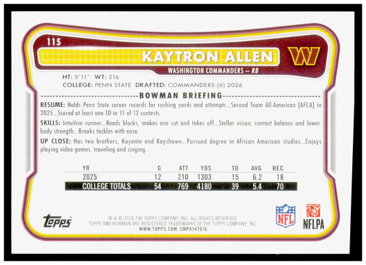 2026 Bowman Kaytron Allen Card RC Washington Commanders