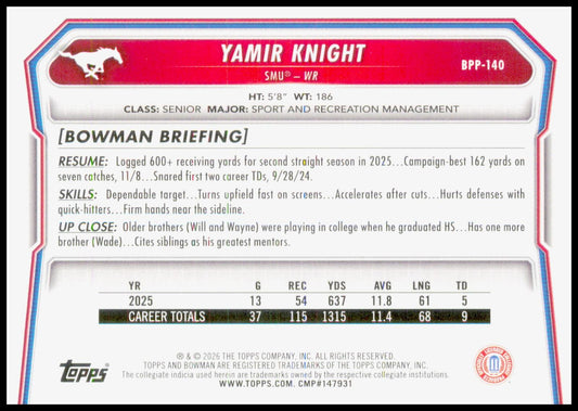 2026 Bowman Yamir Knight Card Prospects SMU Mustangs