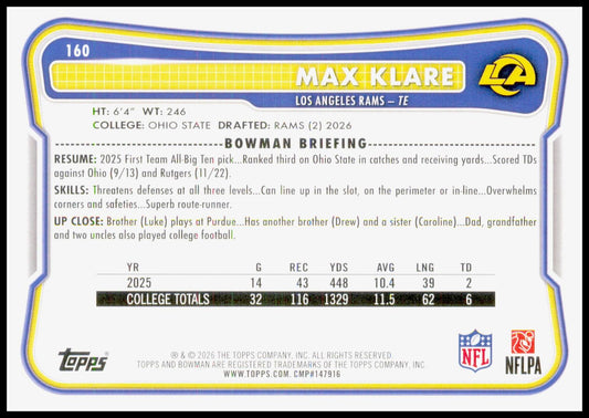2026 Bowman Max Klare Card RC Los Angeles Rams