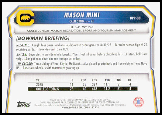 2026 Bowman Mason Mini Card Prospects California Golden Bears
