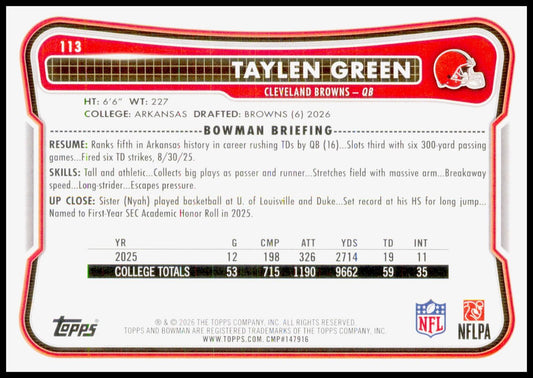 2026 Bowman Taylen Green Card RC Cleveland Browns