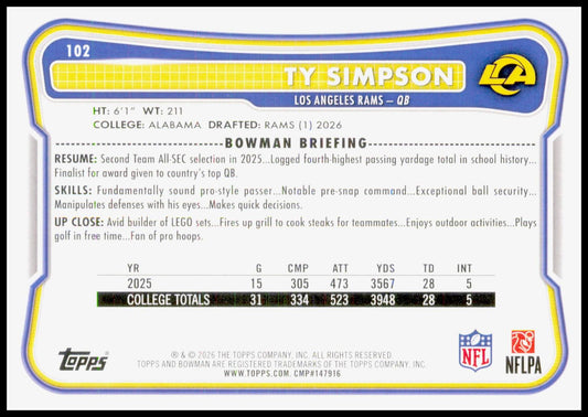 2026 Bowman Ty Simpson Card RC Los Angeles Rams