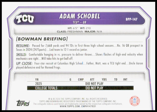 2026 Bowman Adam Schobel Card Prospects TCU Horned Frogs
