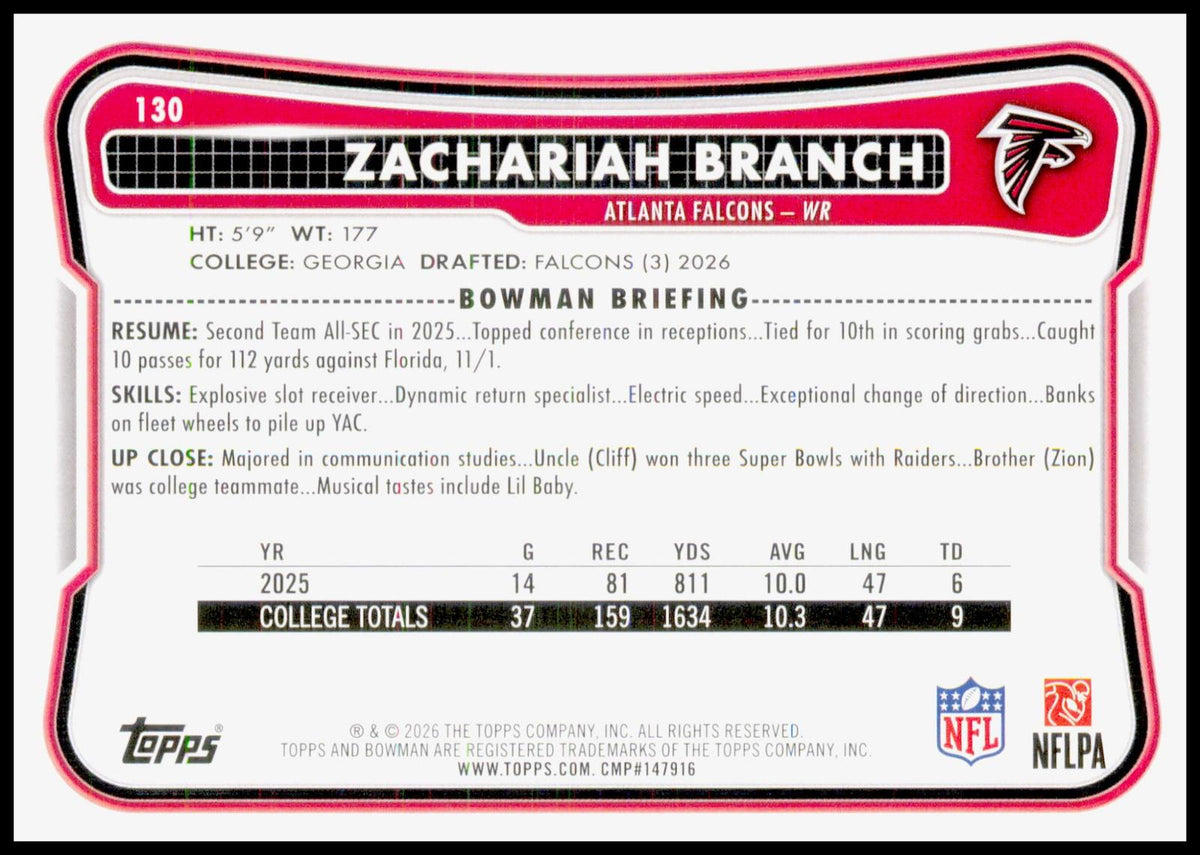 2026 Bowman Zachariah Branch Card RC Atlanta Falcons