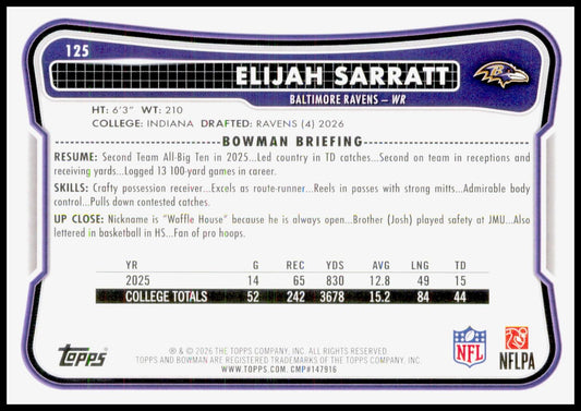 2026 Bowman Elijah Sarratt Card RC Baltimore Ravens