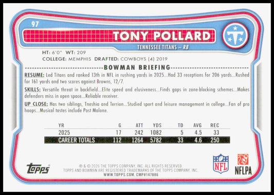 2026 Bowman Tony Pollard Card Tennessee Titans
