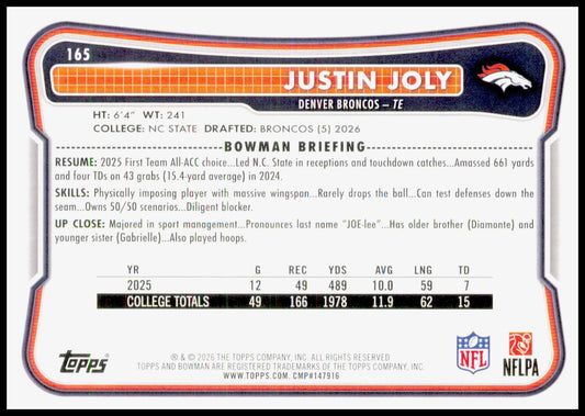 2026 Bowman Justin Joly Card RC Denver Broncos