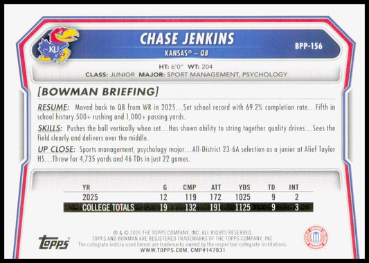 2026 Bowman Chase Jenkins Card Prospects Kansas Jayhawks