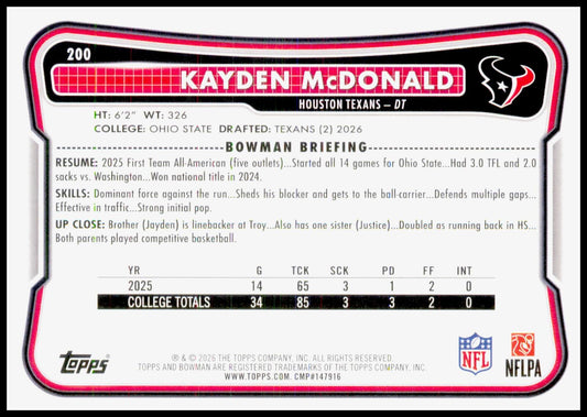 2026 Bowman Kayden McDonald Card RC Houston Texans