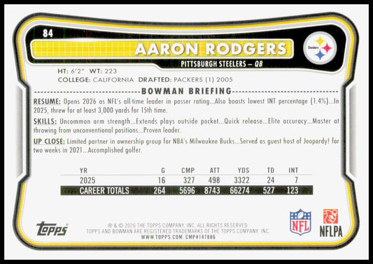 2026 Bowman Aaron Rodgers Card Pittsburgh Steelers